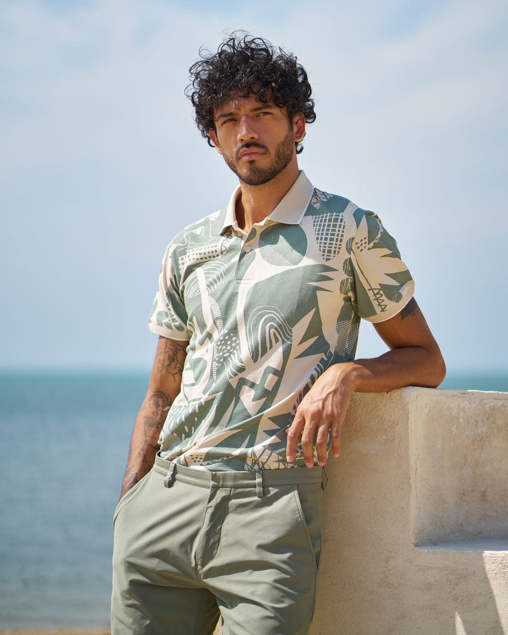 Beige Abstract Print Slim Fit Casual Polo
