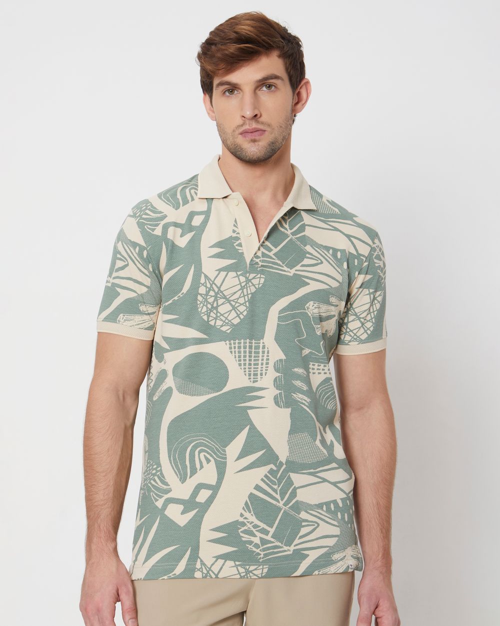 Beige Abstract Print Slim Fit Casual Polo