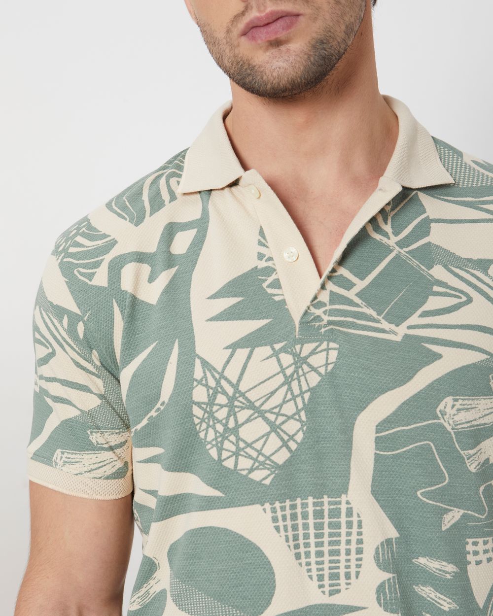 Beige Abstract Print Slim Fit Casual Polo
