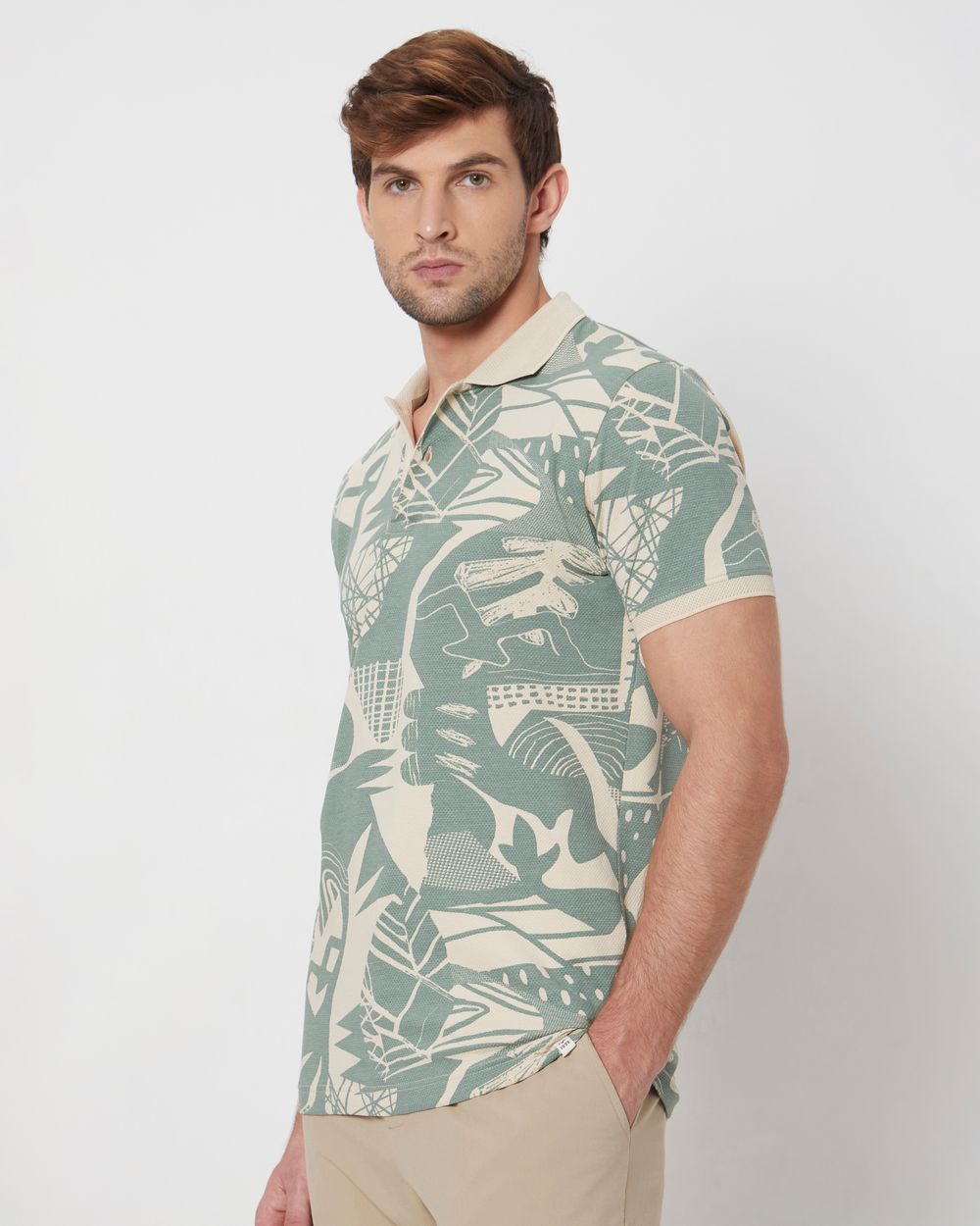 Beige Abstract Print Slim Fit Casual Polo