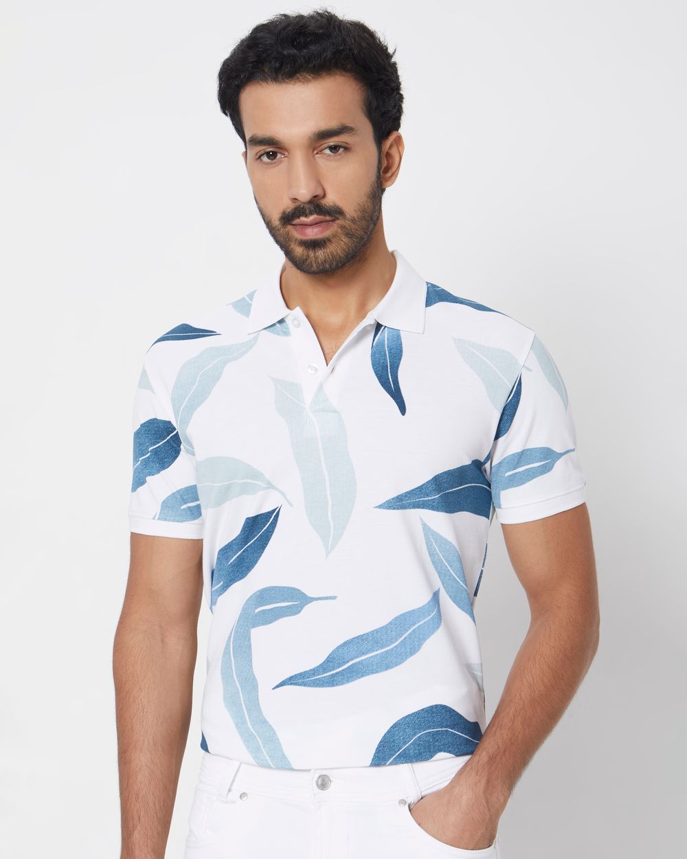 Off White Leaf Print Slim Fit Pique Polo T-Shirt