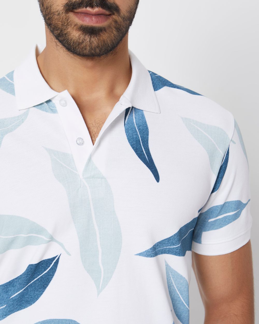 Off White Leaf Print Slim Fit Pique Polo T-Shirt