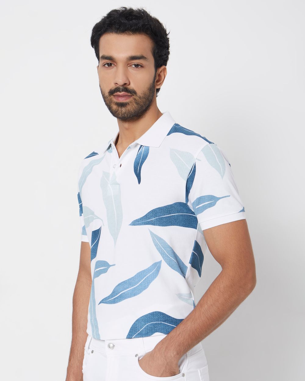 Off White Leaf Print Slim Fit Pique Polo T-Shirt