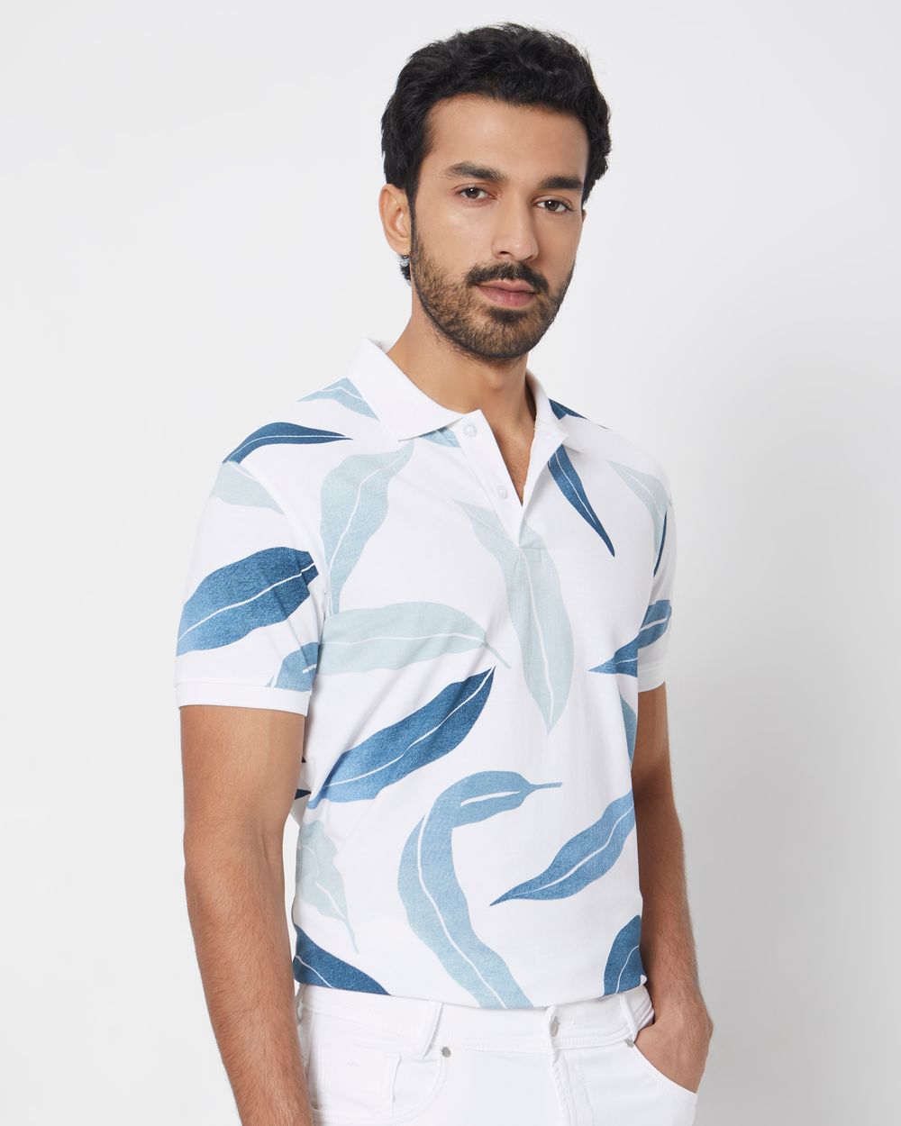 Off White Leaf Print Slim Fit Pique Polo T-Shirt