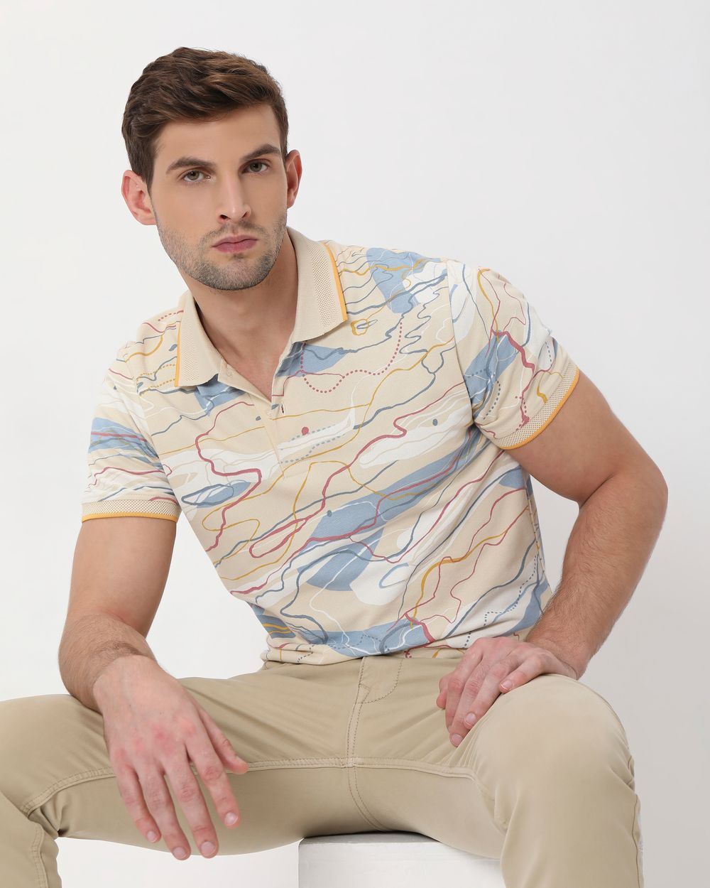 Beige Abstract Print Slim Fit Pique Polo T-Shirt