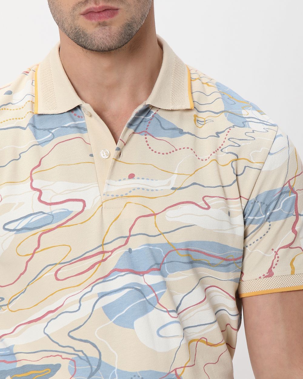 Beige Abstract Print Slim Fit Pique Polo T-Shirt