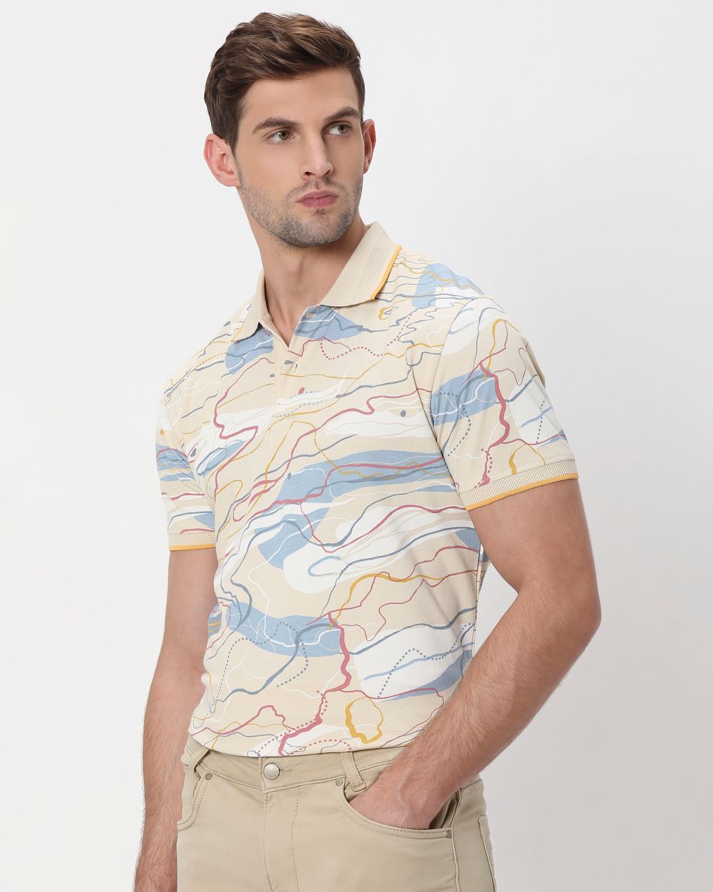 Beige Abstract Print Slim Fit Pique Polo T-Shirt