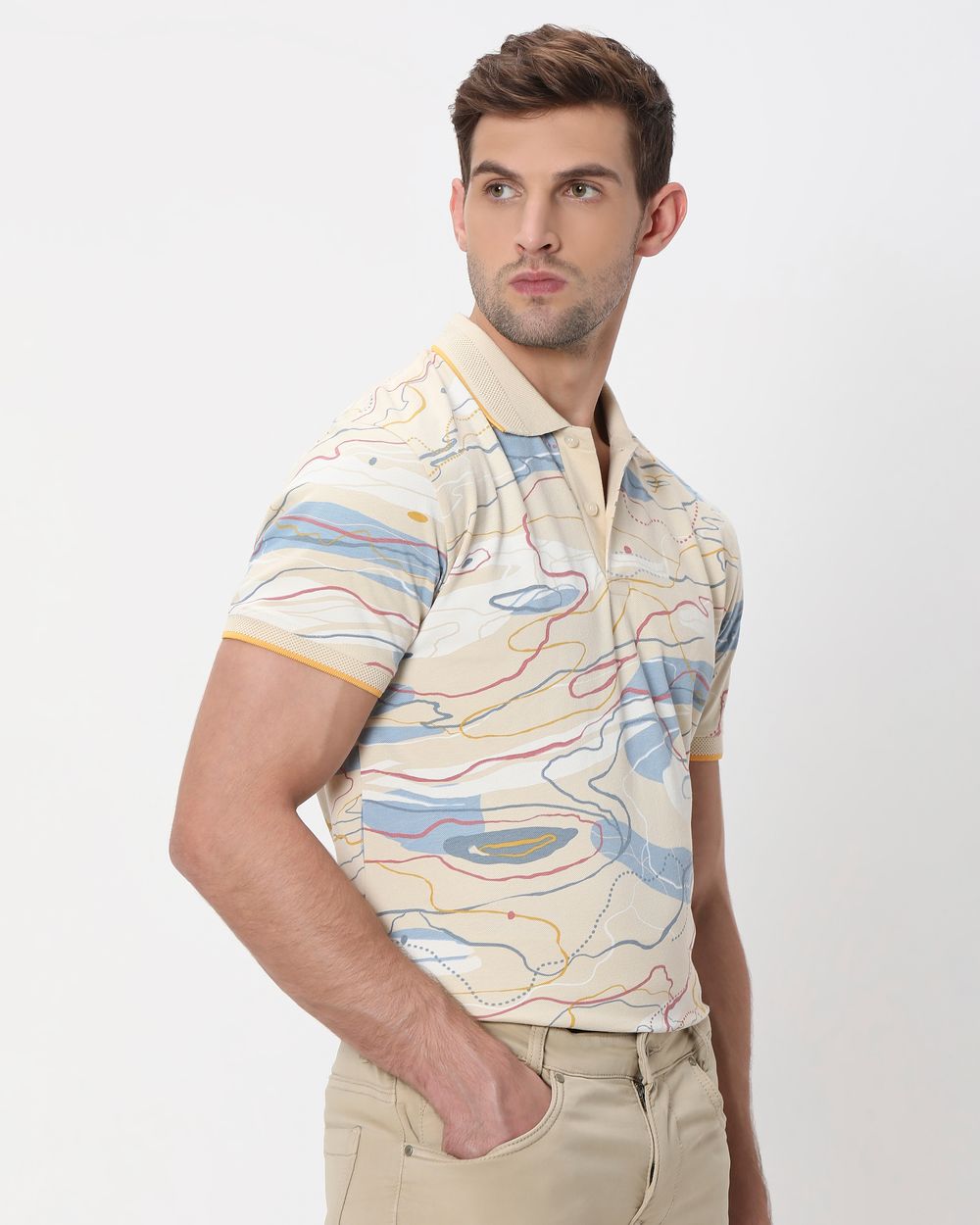 Beige Abstract Print Slim Fit Pique Polo T-Shirt