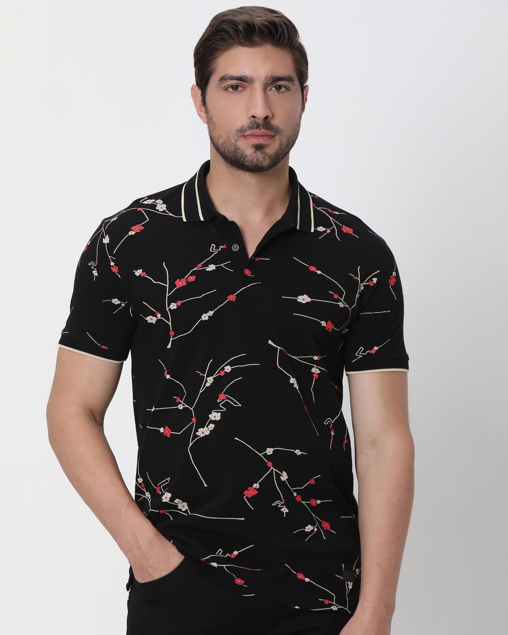 Black Floral Print Slim Fit Polo
