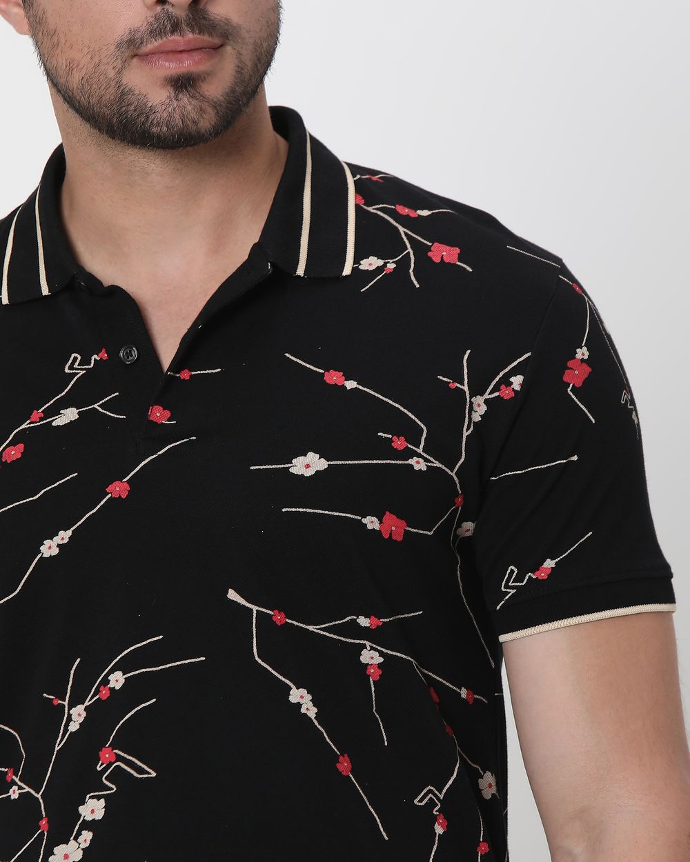 Black Floral Print Slim Fit Polo