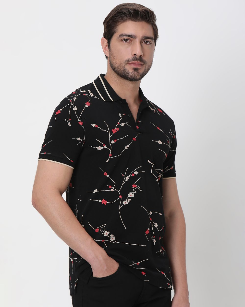 Black Floral Print Slim Fit Polo