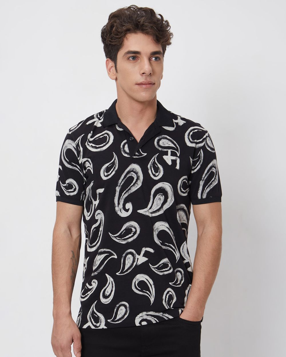 Black Paisley Print Slim Fit Casual Polo