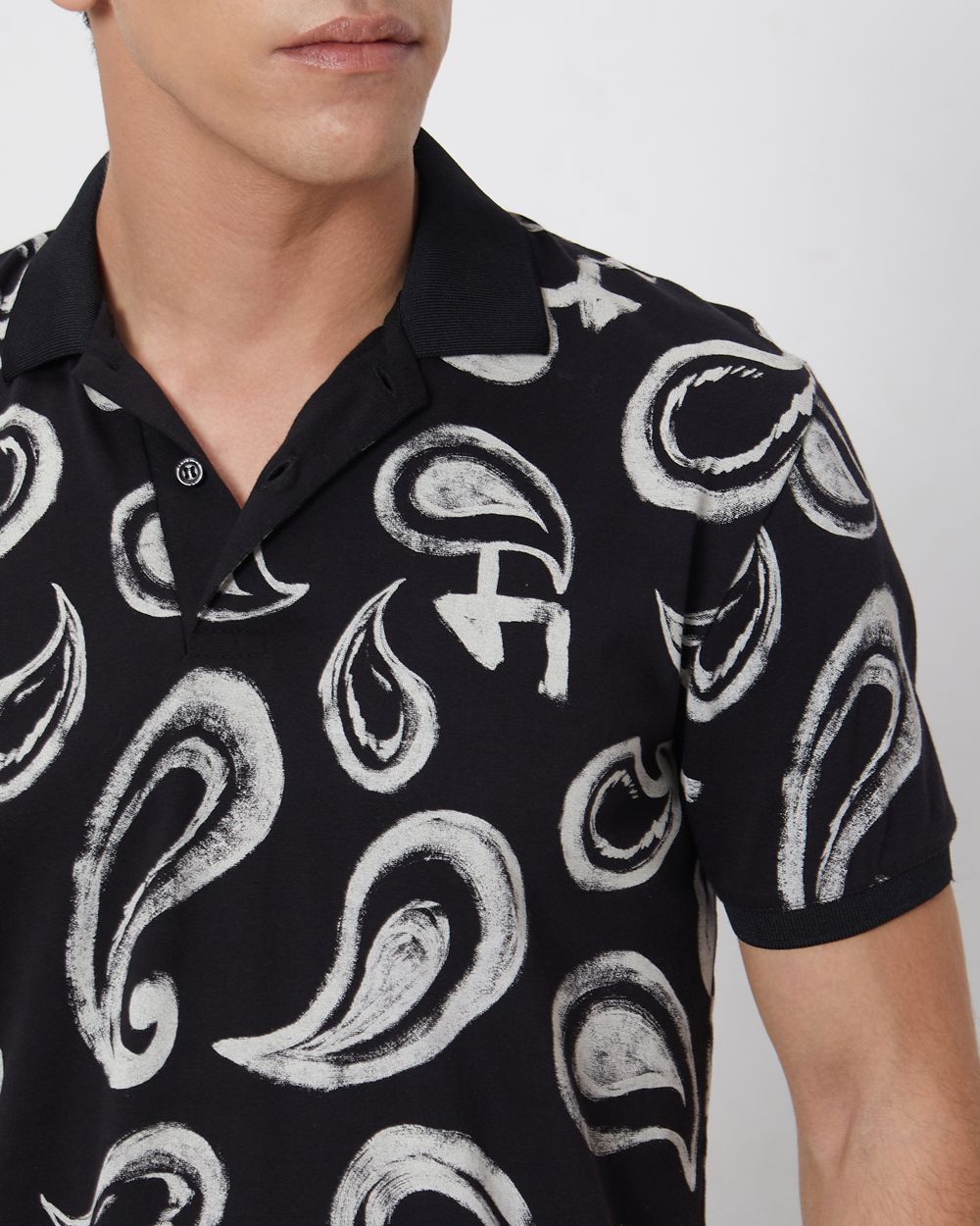 Black Paisley Print Slim Fit Casual Polo