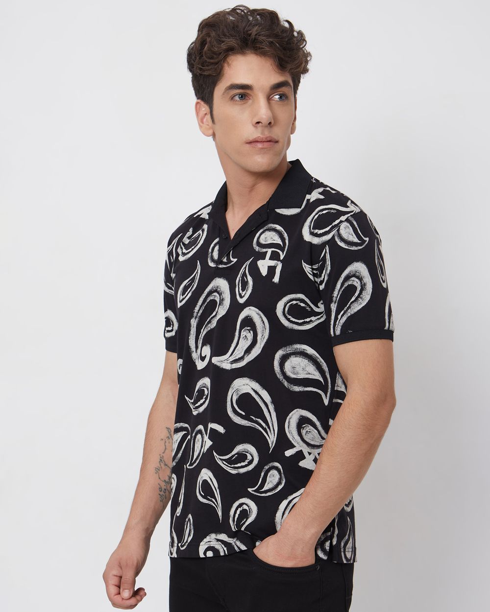 Black Paisley Print Slim Fit Casual Polo