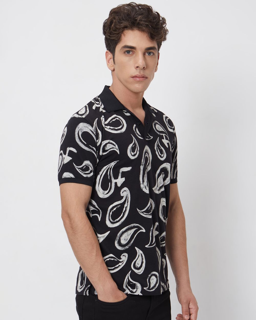 Black Paisley Print Slim Fit Casual Polo