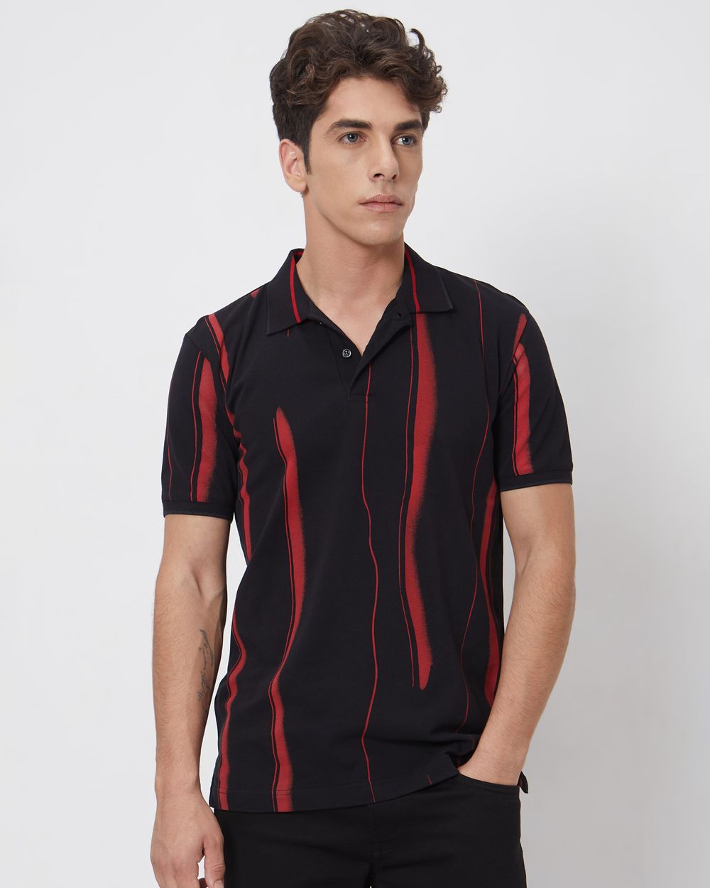Black Abstract Print Slim Fit Casual Polo