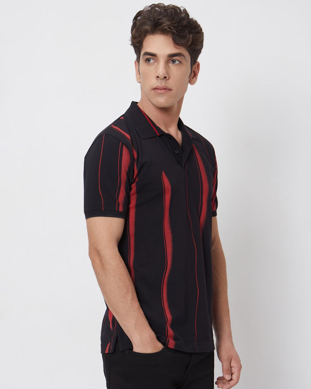 Black Abstract Print Slim Fit Casual Polo