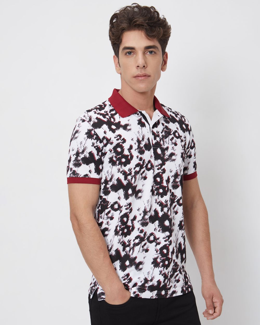 White Floral Print Slim Fit Casual Polo