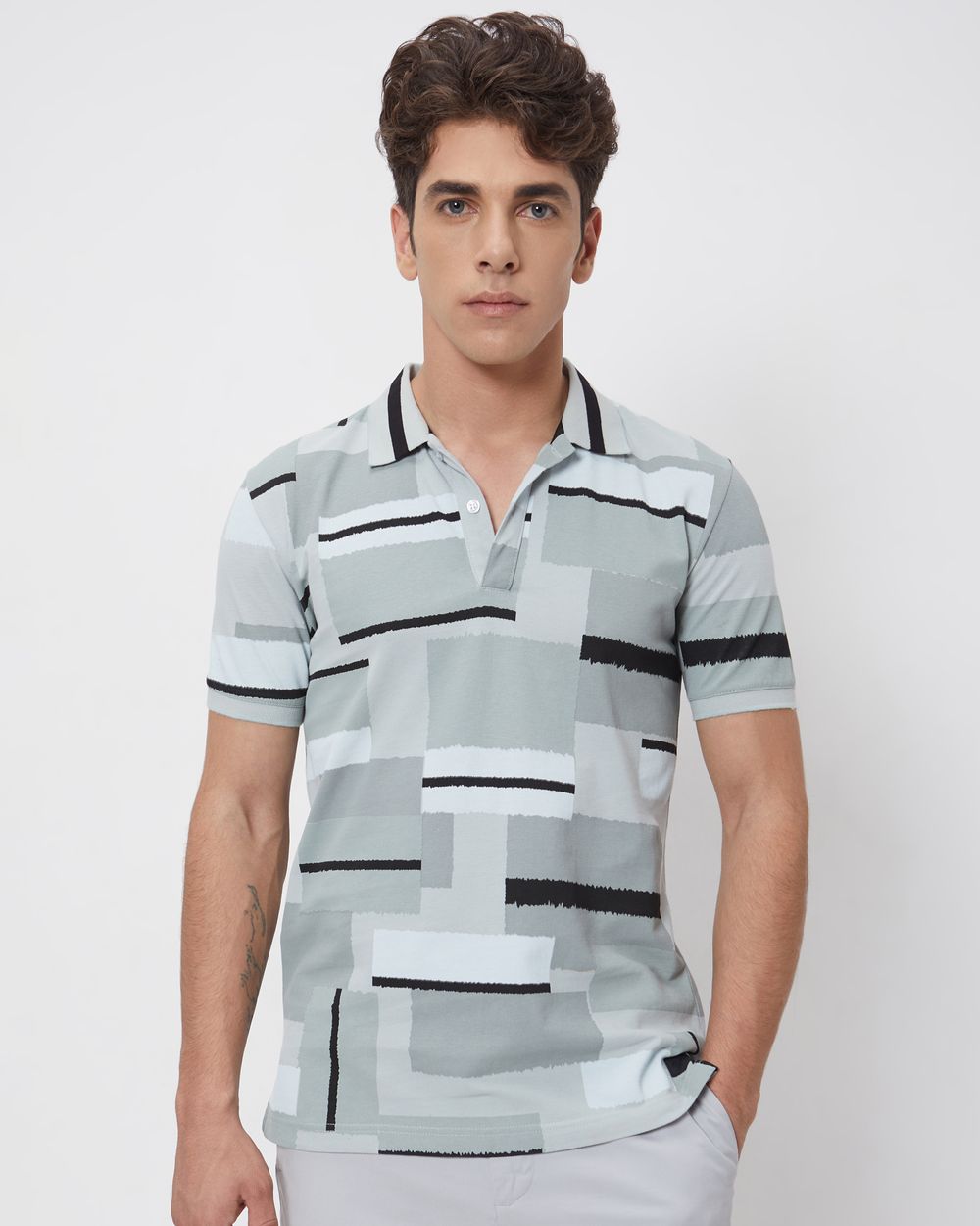 Grey Abstract Print Slim Fit Casual Polo