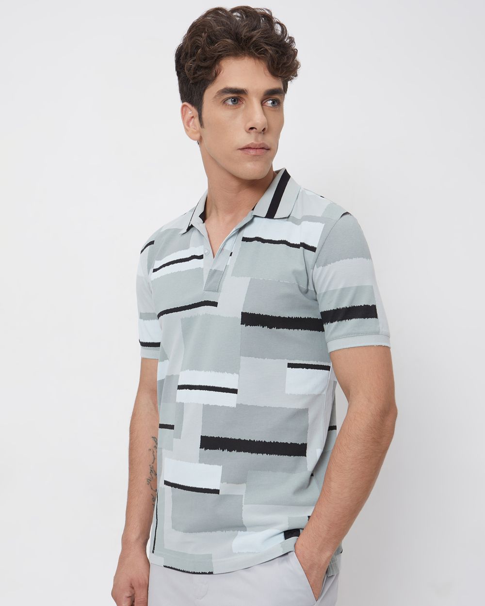 Grey Abstract Print Slim Fit Casual Polo