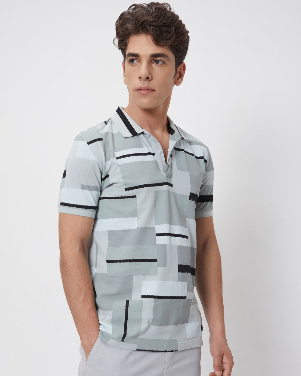 Grey Abstract Print Slim Fit Casual Polo