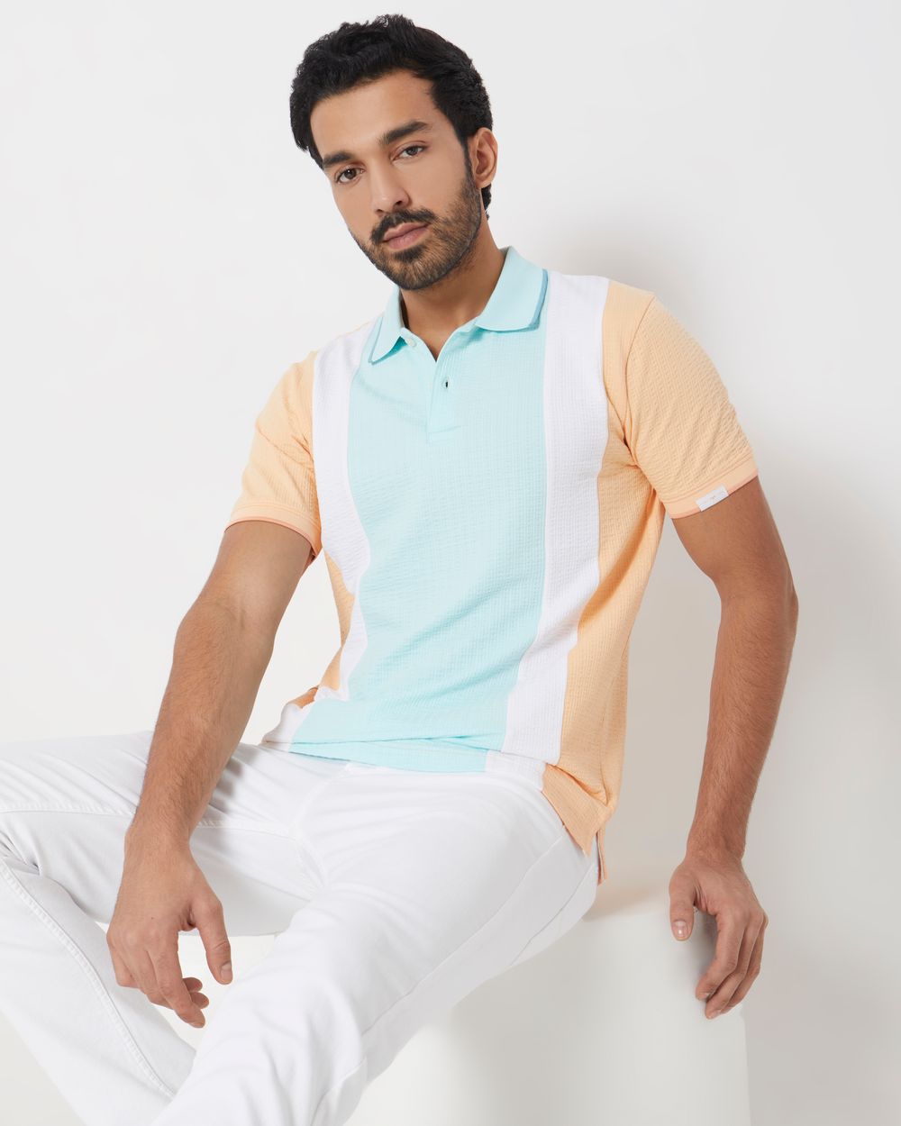 Peach Cut & Sew Stripe Slim Fit Polo T-Shirt
