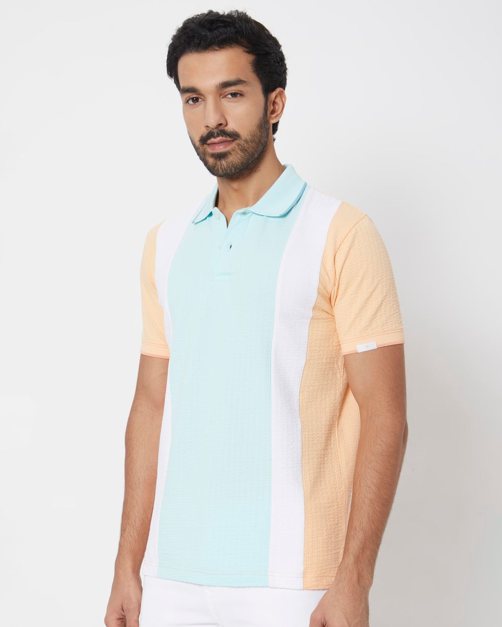 Peach Cut & Sew Stripe Slim Fit Polo T-Shirt