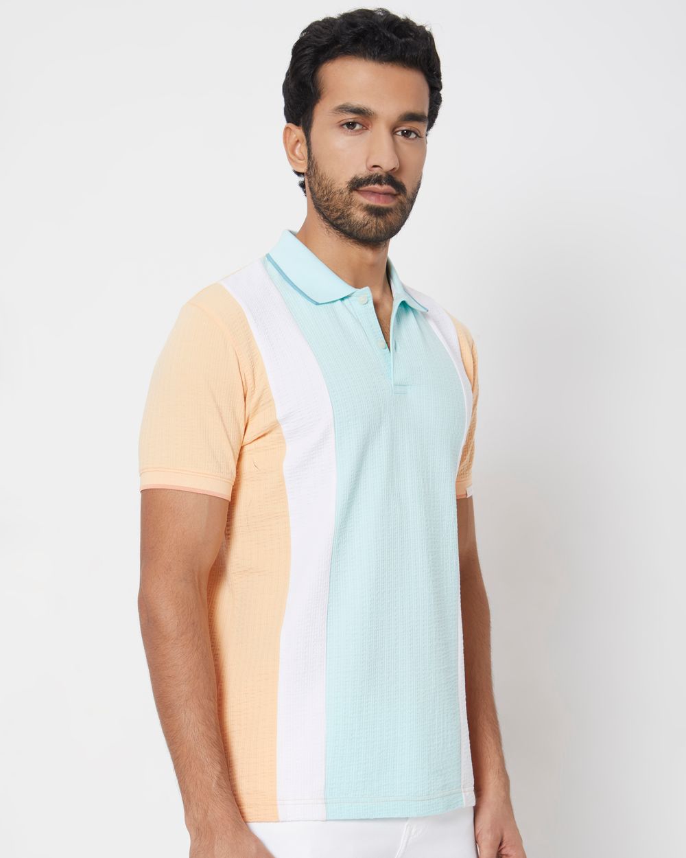 Peach Cut & Sew Stripe Slim Fit Polo T-Shirt