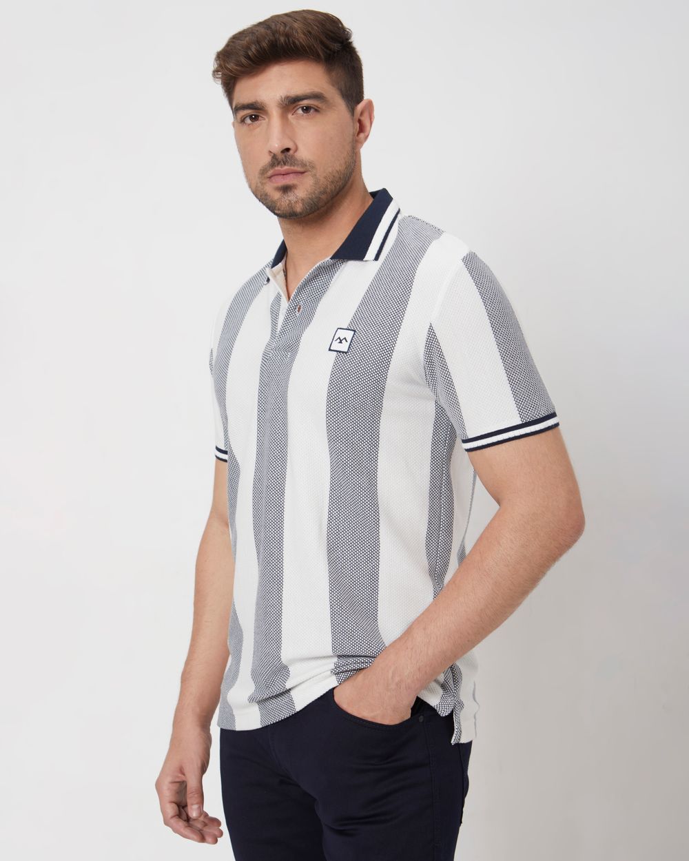 Navy Textured Stripe Slim Fit Jersey Polo T-Shirt