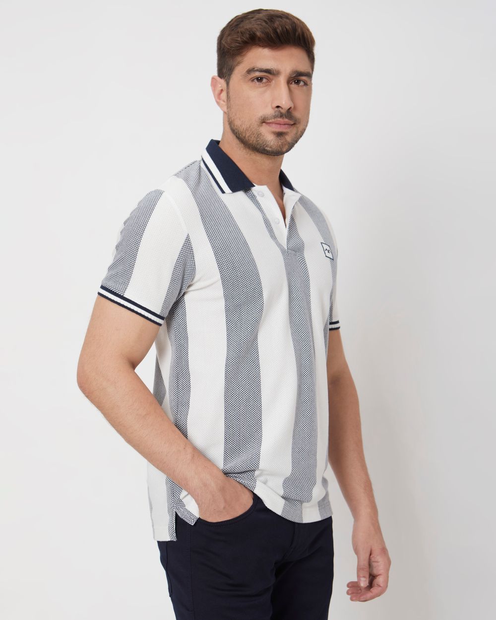 Navy Textured Stripe Slim Fit Jersey Polo T-Shirt