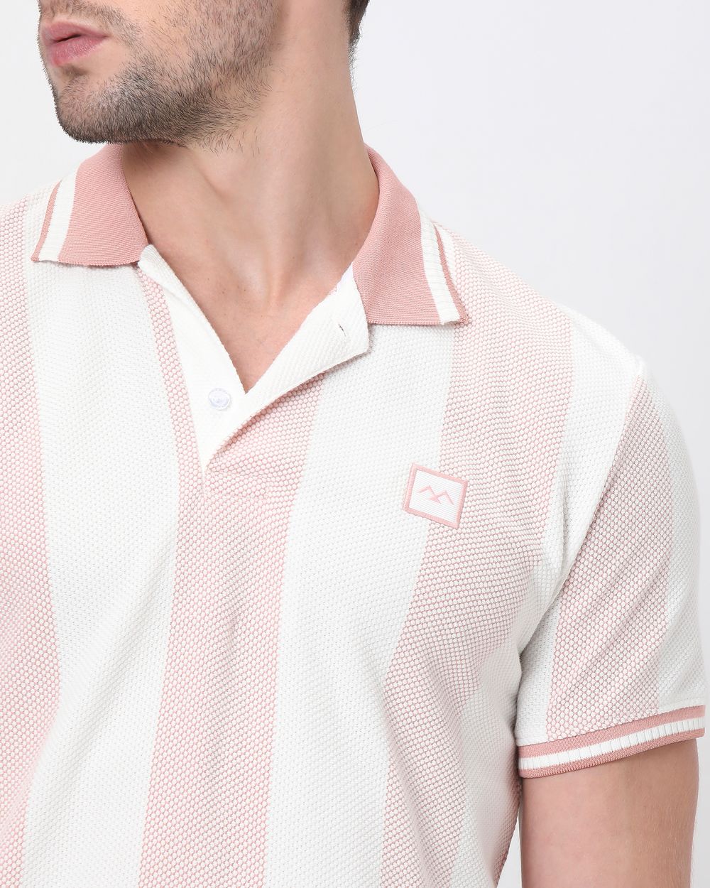 Peach Textured Stripe Slim Fit Polo T-Shirt
