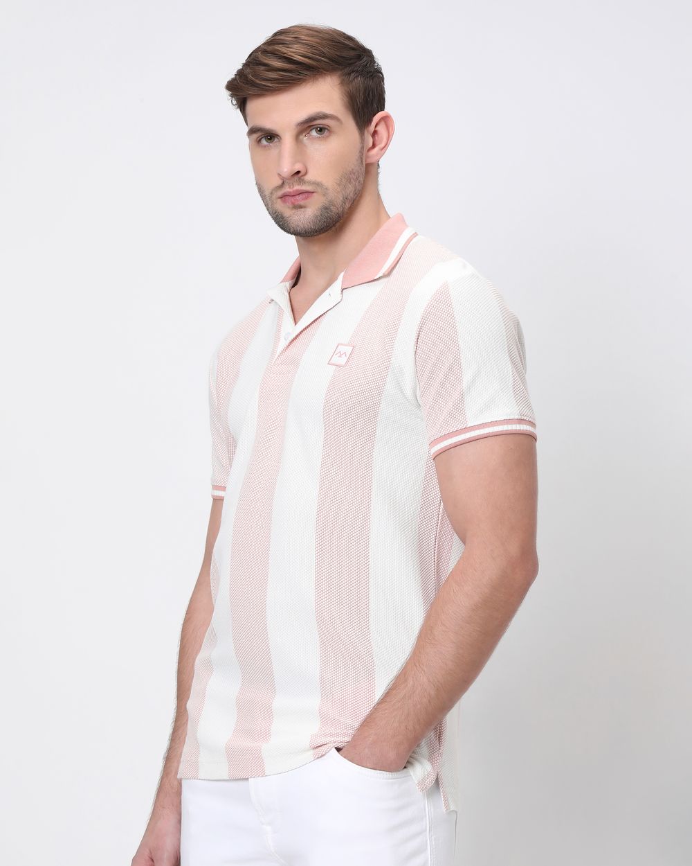 Peach Textured Stripe Slim Fit Polo T-Shirt