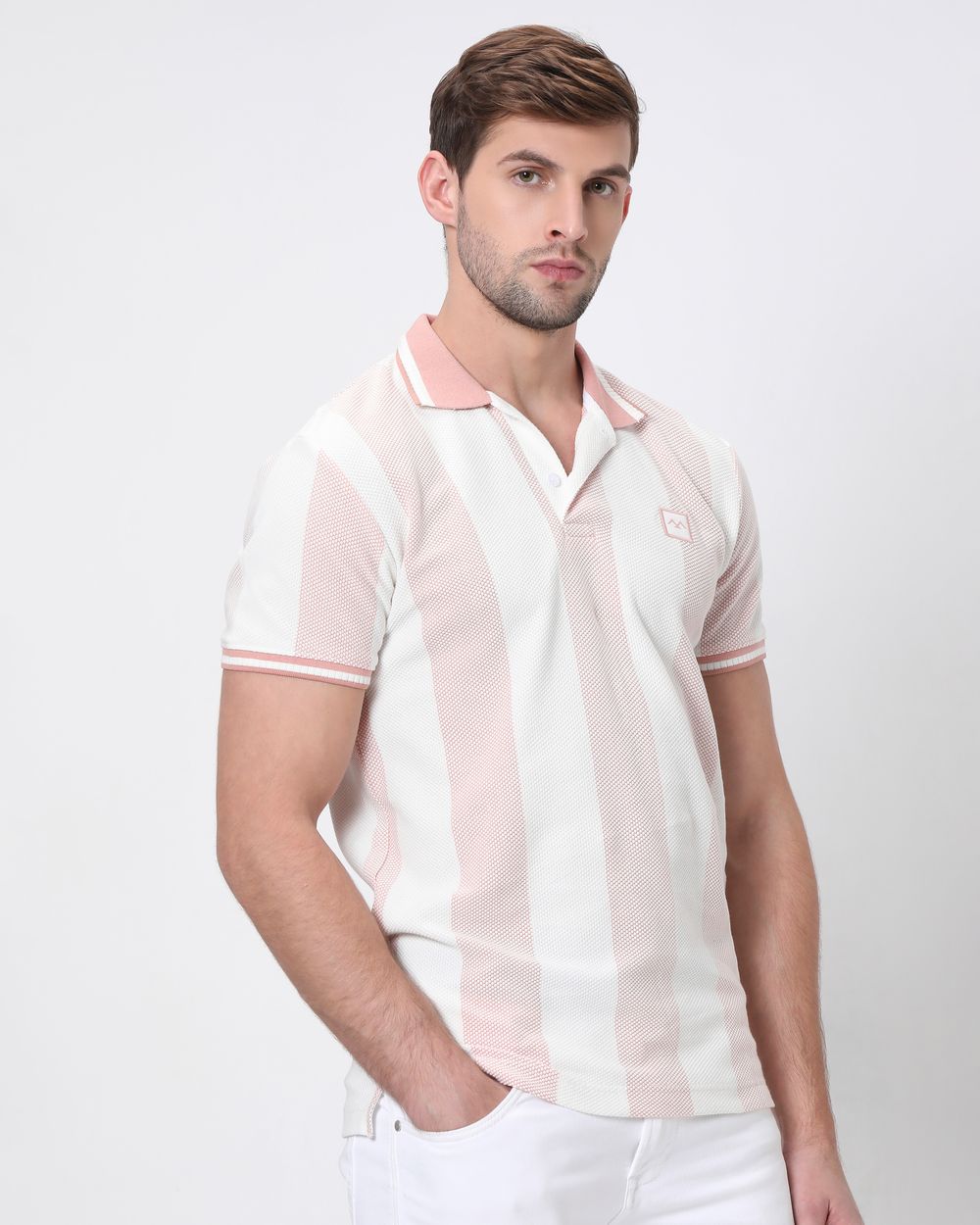 Peach Textured Stripe Slim Fit Polo T-Shirt