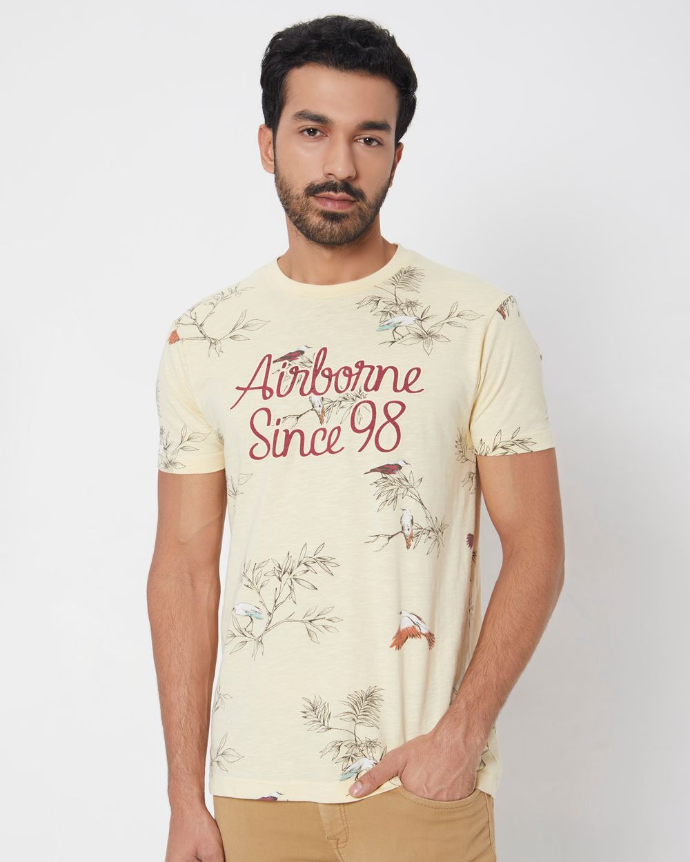 Beige Graphic Print Slim Fit T-Shirt