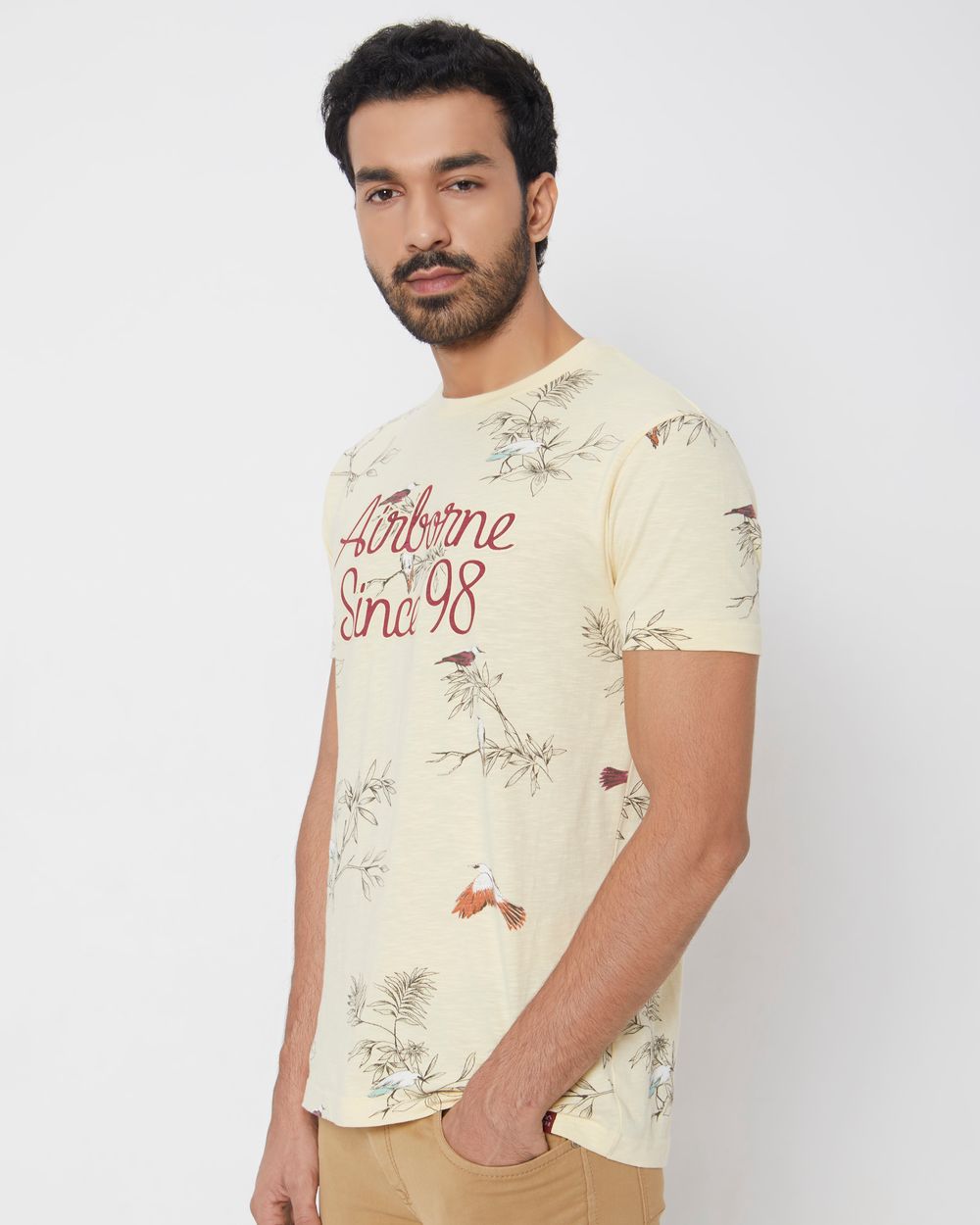Beige Graphic Print Slim Fit T-Shirt