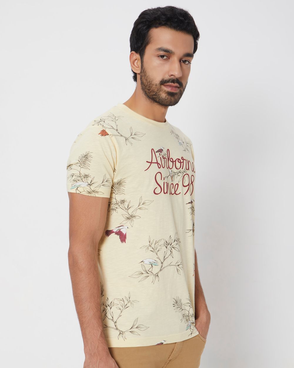 Beige Graphic Print Slim Fit T-Shirt