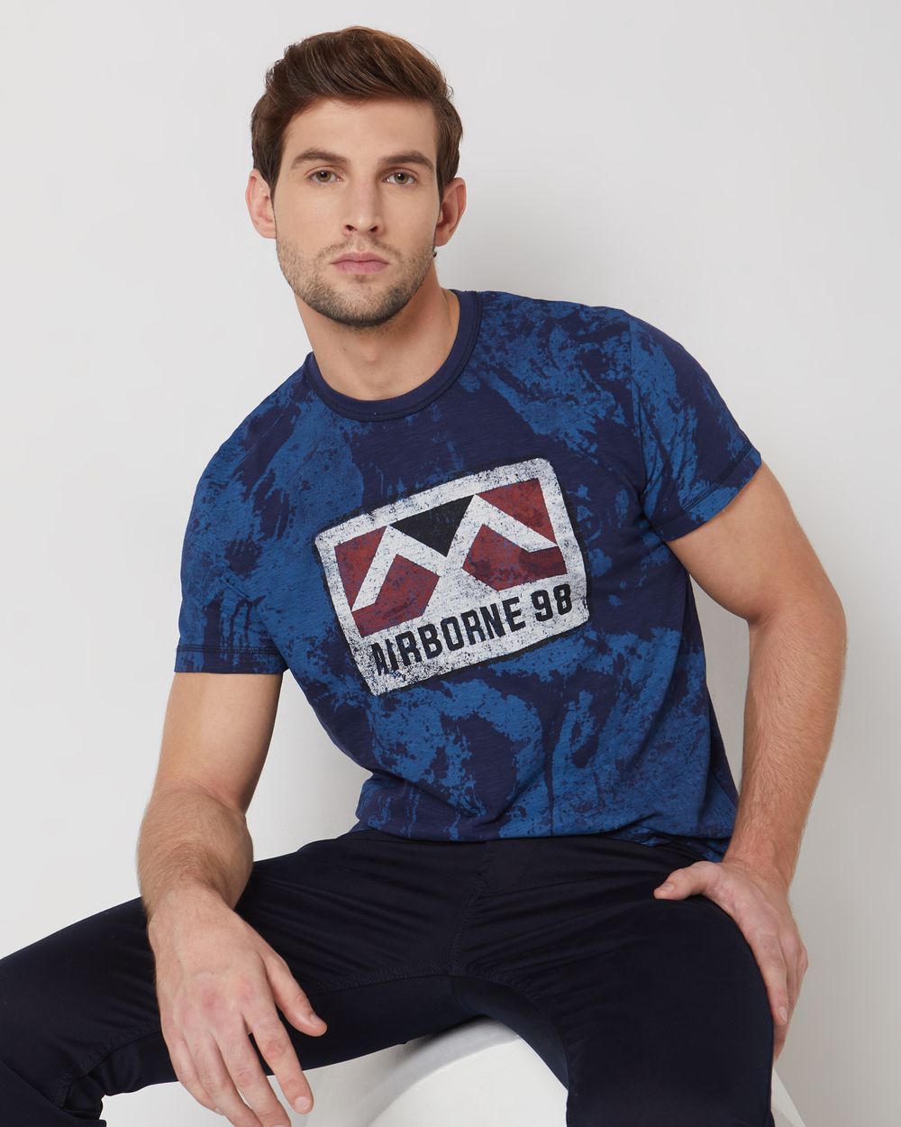 Navy Logo Print Slim Fit Casual T-Shirt