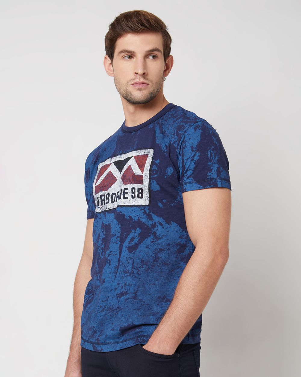 Navy Logo Print Slim Fit Casual T-Shirt