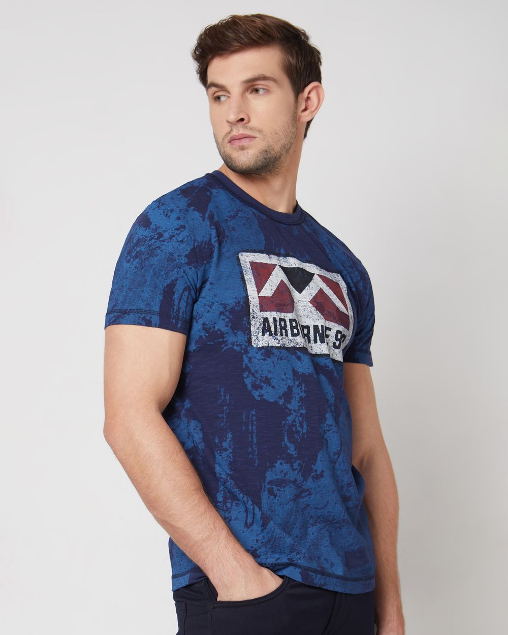 Navy Logo Print Slim Fit Casual T-Shirt