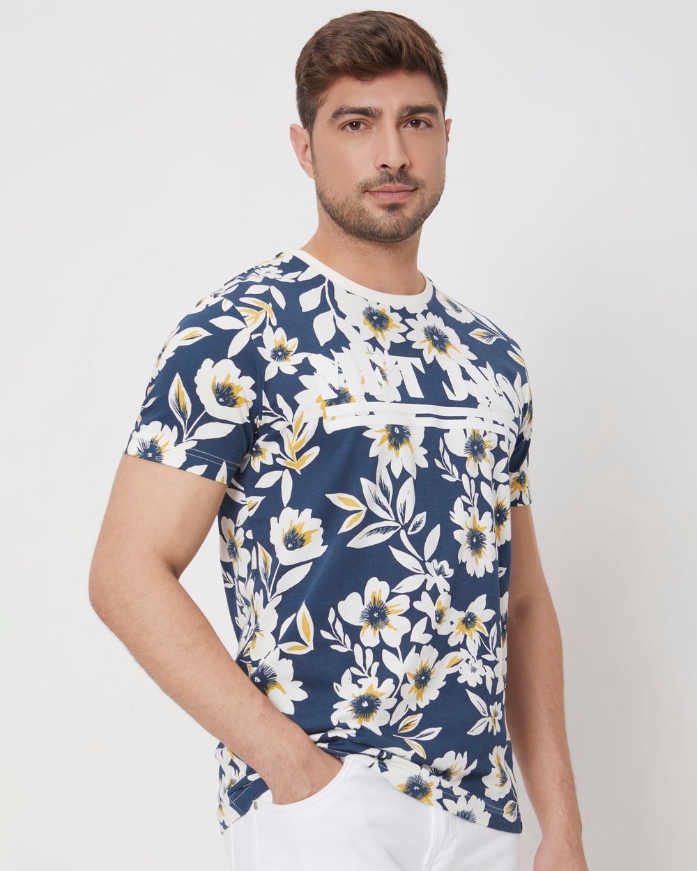 Navy Floral Print Slim Fit Jersey T-Shirt