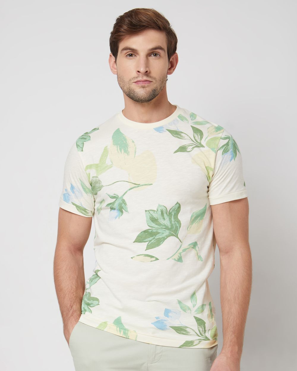 Off White Floral Print Slim Fit Casual T-Shirt