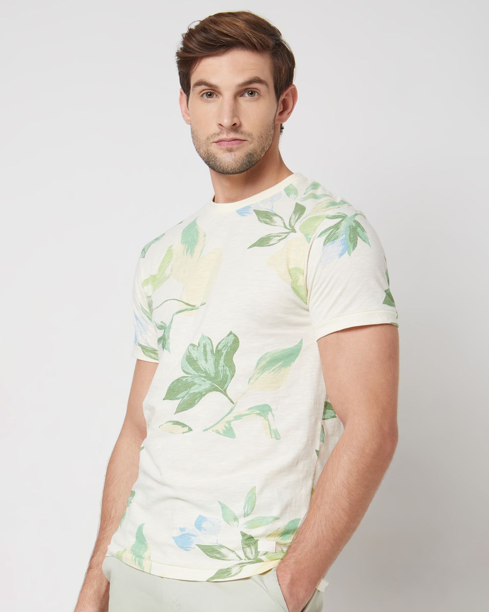Off White Floral Print Slim Fit Casual T-Shirt