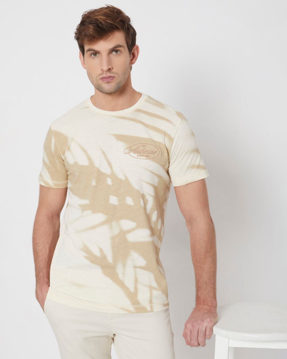 Beige Leaf Print Slim Fit Casual T-Shirt