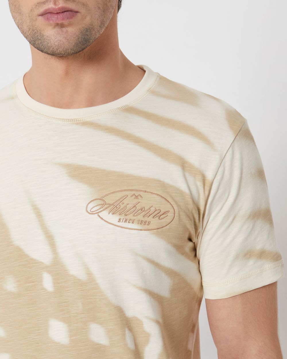 Beige Leaf Print Slim Fit Casual T-Shirt