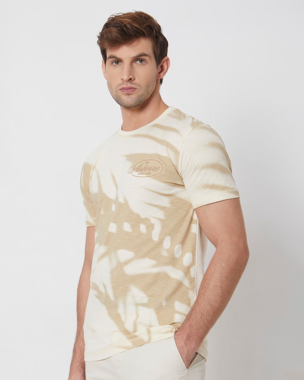 Beige Leaf Print Slim Fit Casual T-Shirt