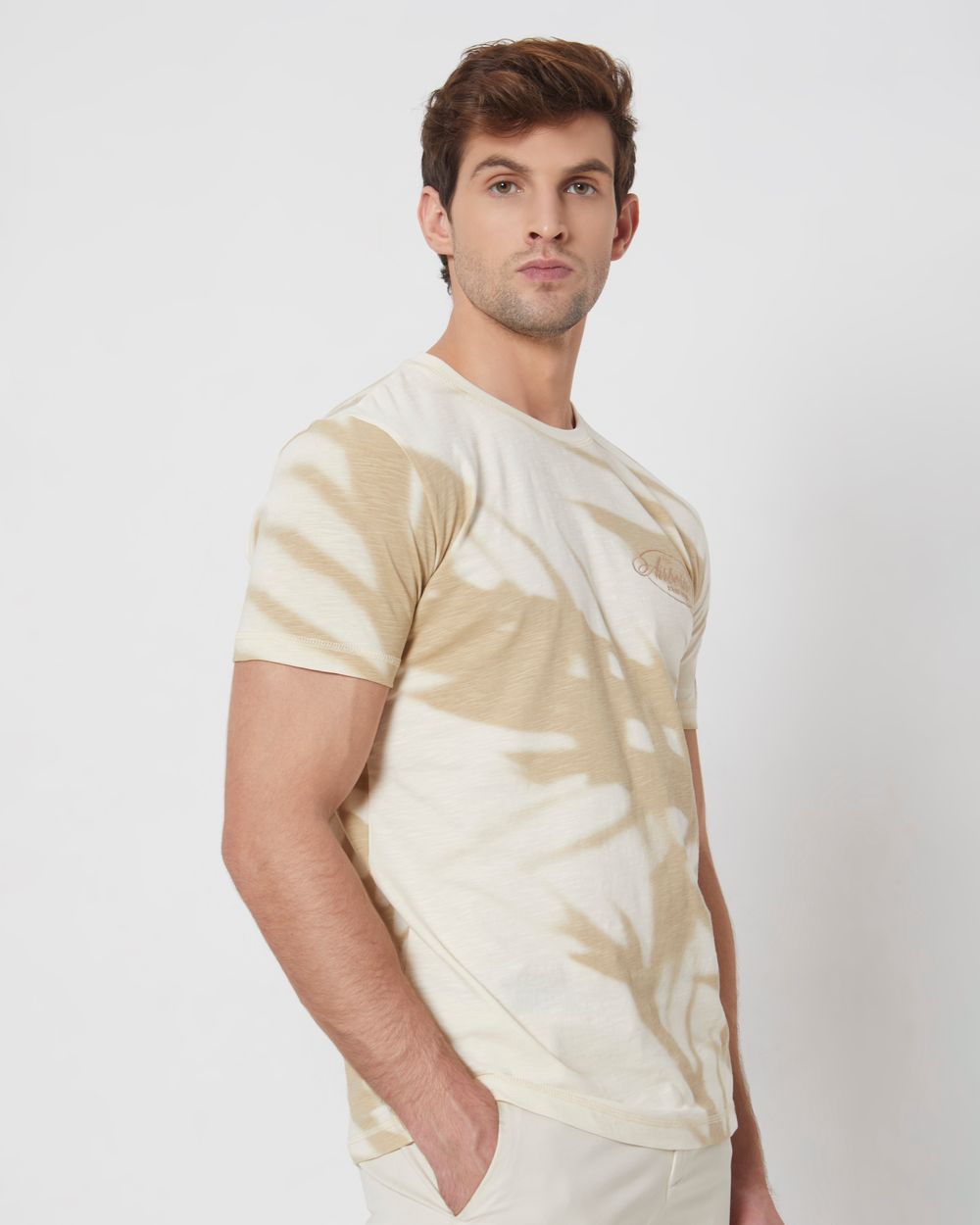Beige Leaf Print Slim Fit Casual T-Shirt