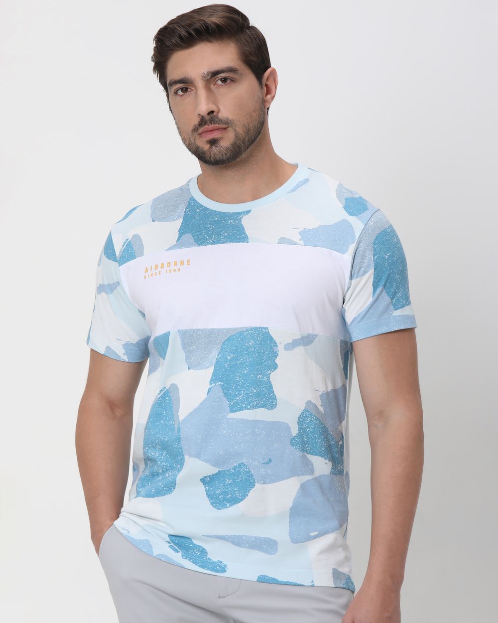 Light Blue Camo Cut & Sew Slim Fit T-Shirt