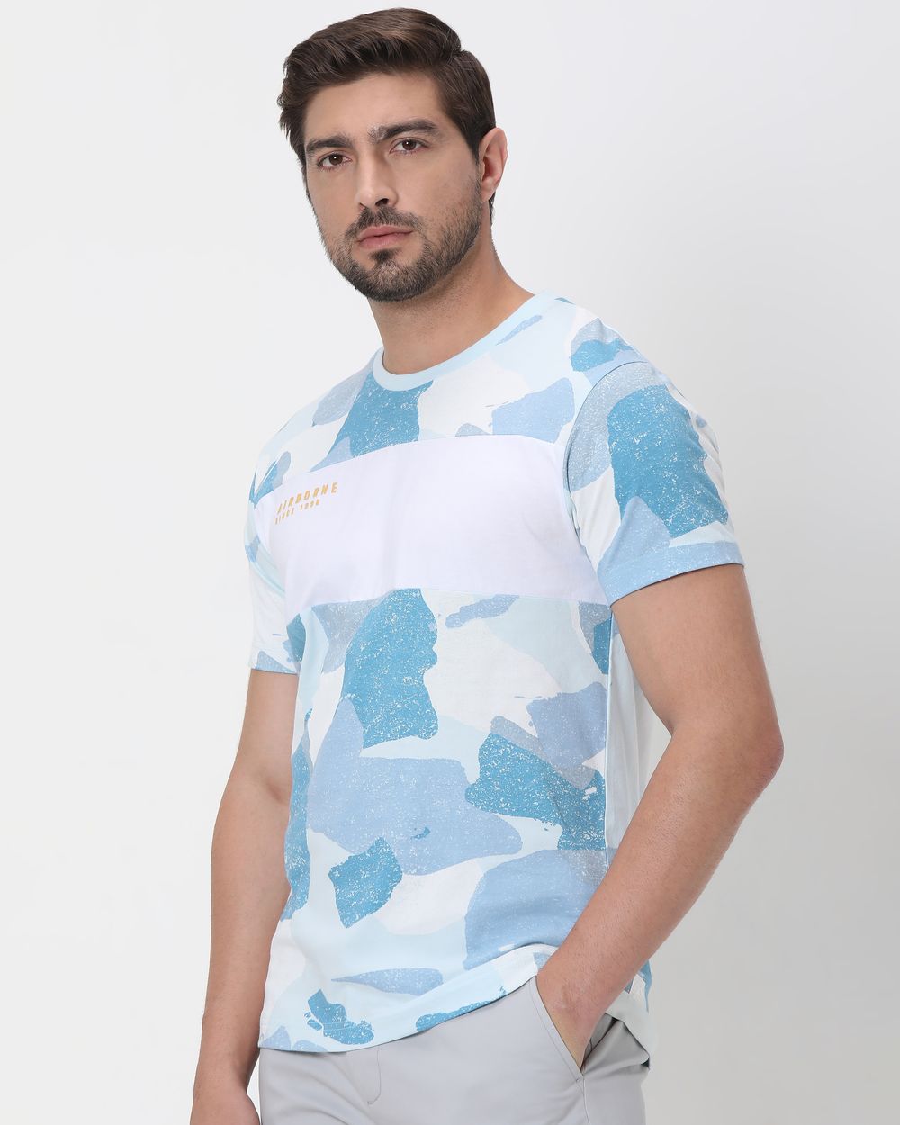 Light Blue Camo Cut & Sew Slim Fit T-Shirt