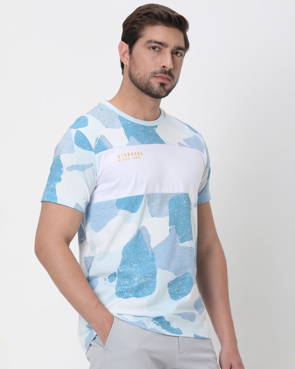 Light Blue Camo Cut & Sew Slim Fit T-Shirt