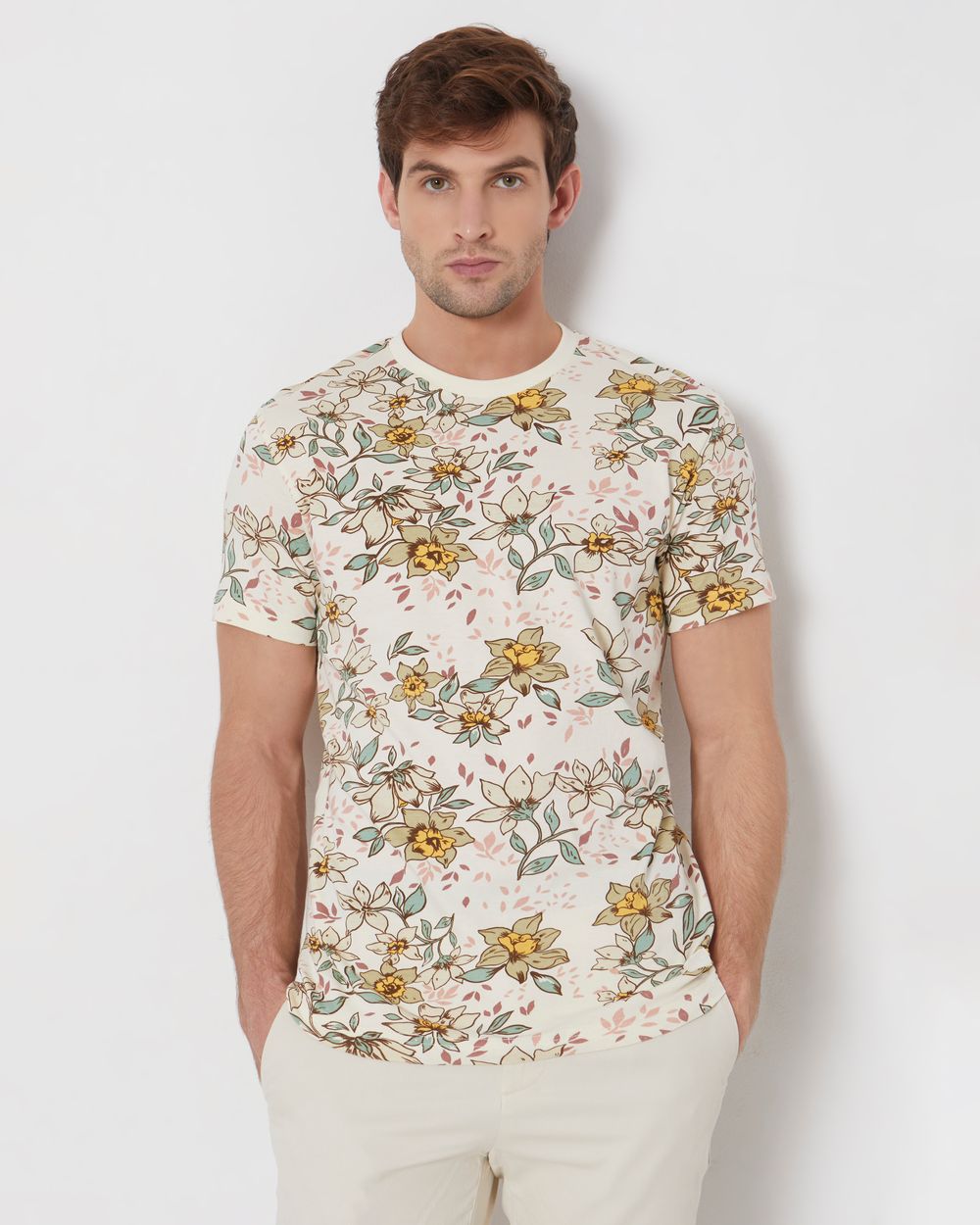 Beige Floral Print Slim Fit Casual T-Shirt